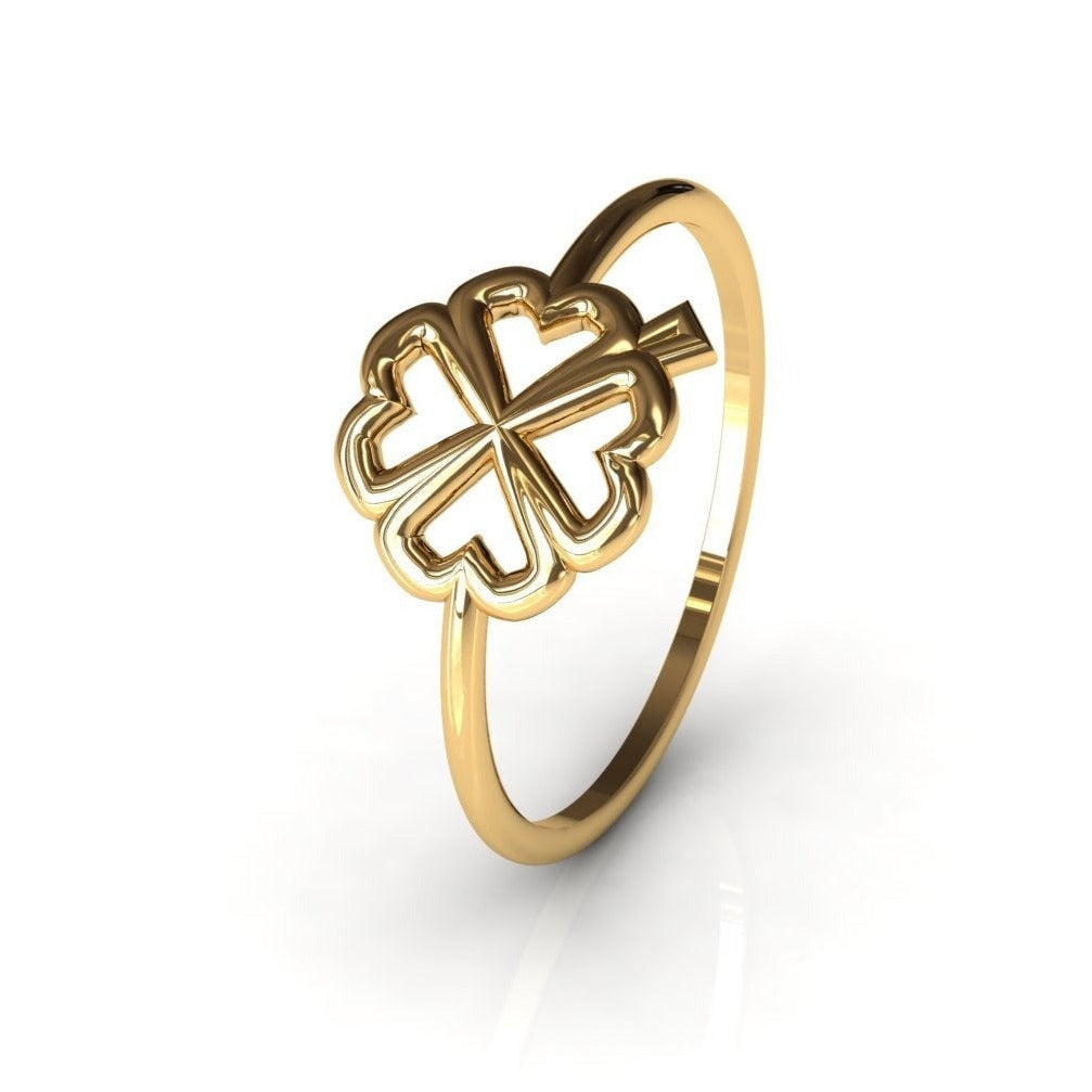 Lucky Clover 14k gold ring, close-up front view