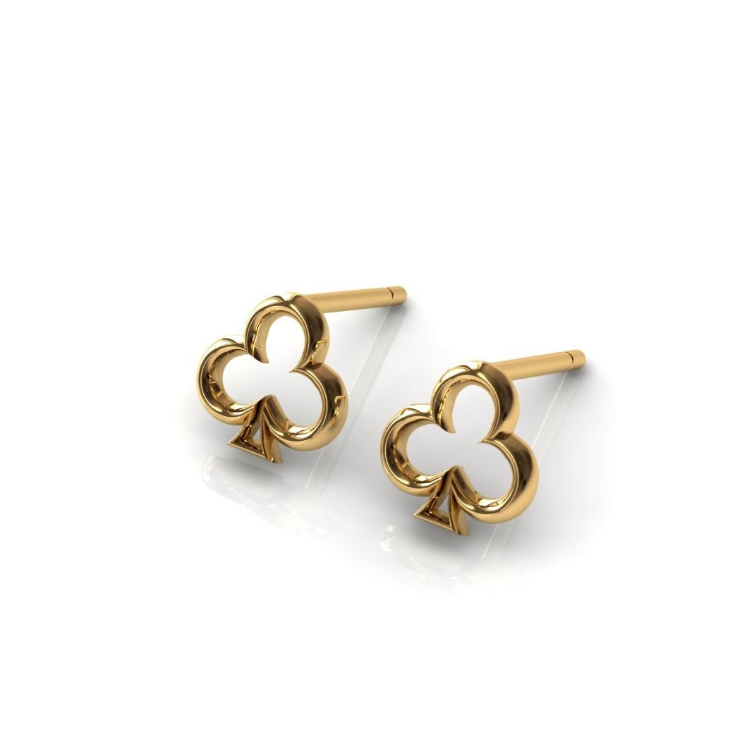 14k gold clubs-suit stud earrings, close-up front view