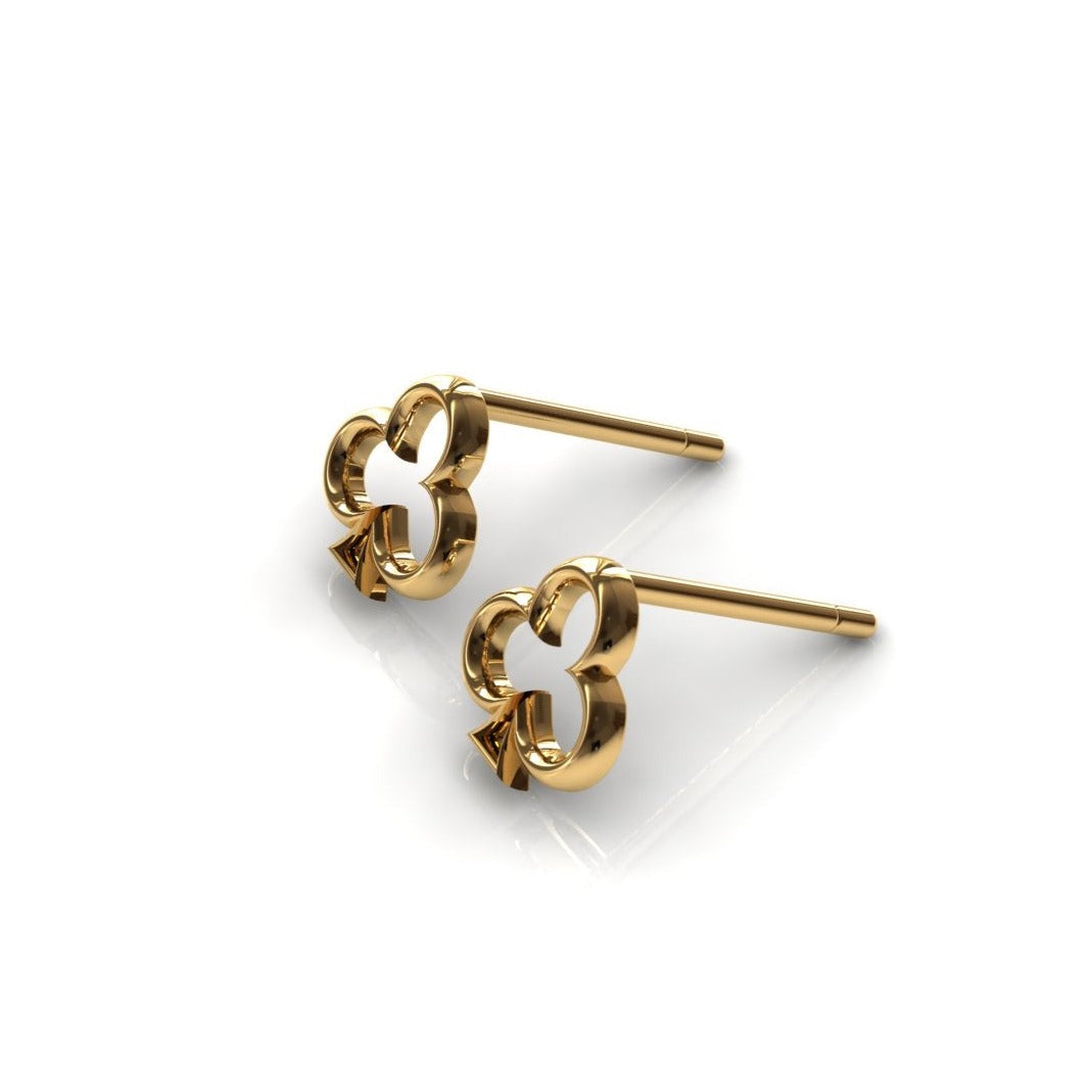 Pair of gold clubs-suit stud earrings on white background