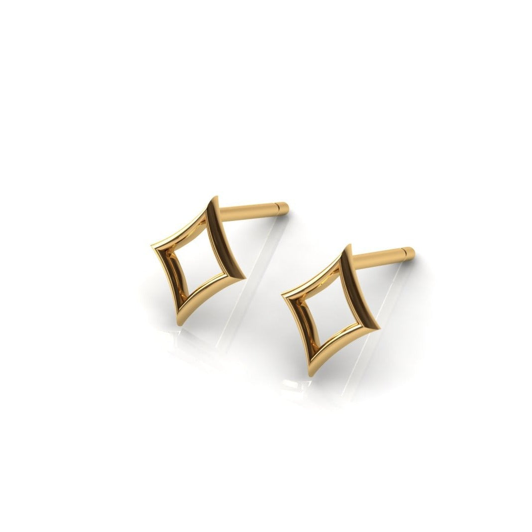 14k gold diamond-shape stud earrings, close-up front view