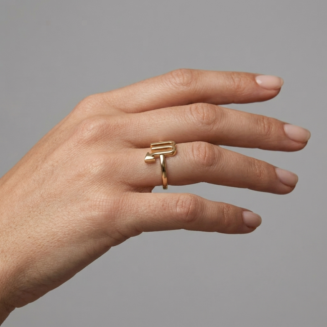 Close-up of model wearing the gold Scorpio Ring – subtle gold zodiac Scorpio ring, Starsky XII