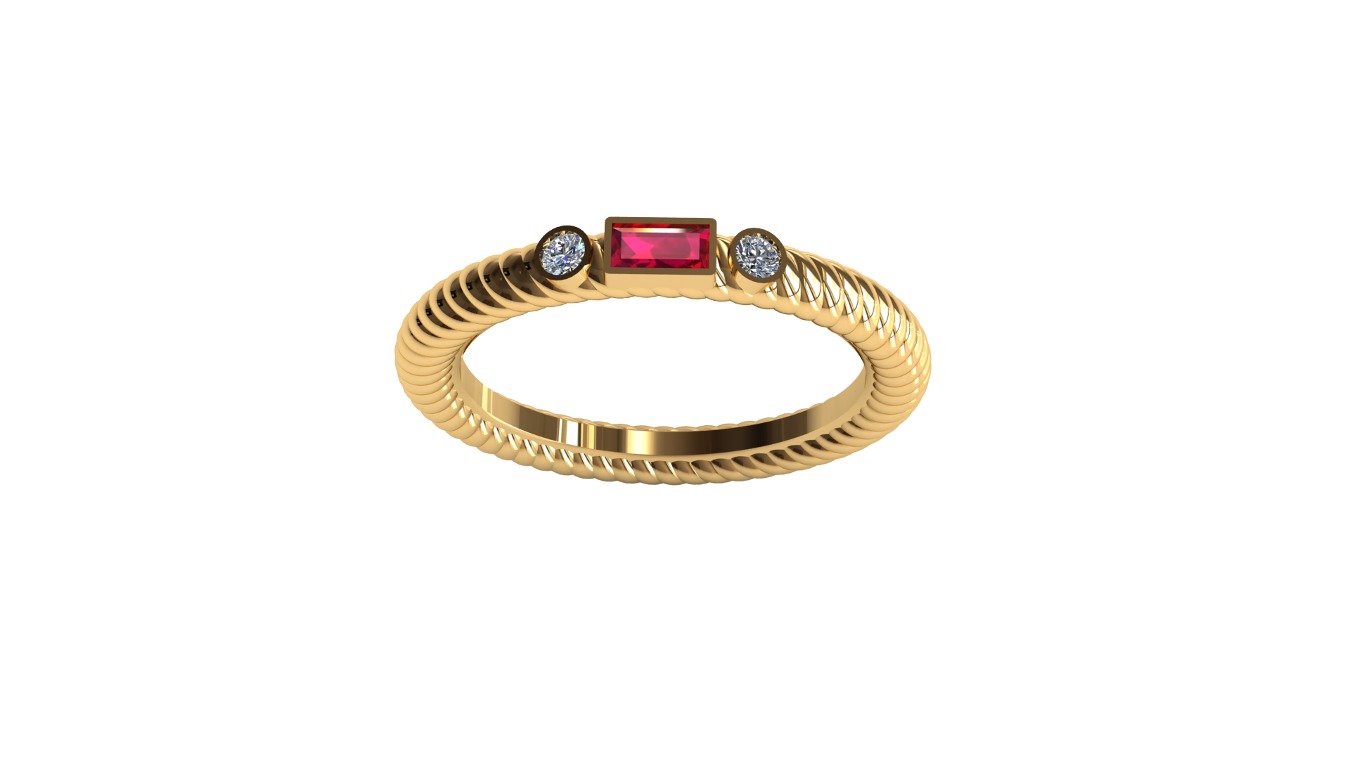Close-up of gold rope knot band detail on ruby diamond ring