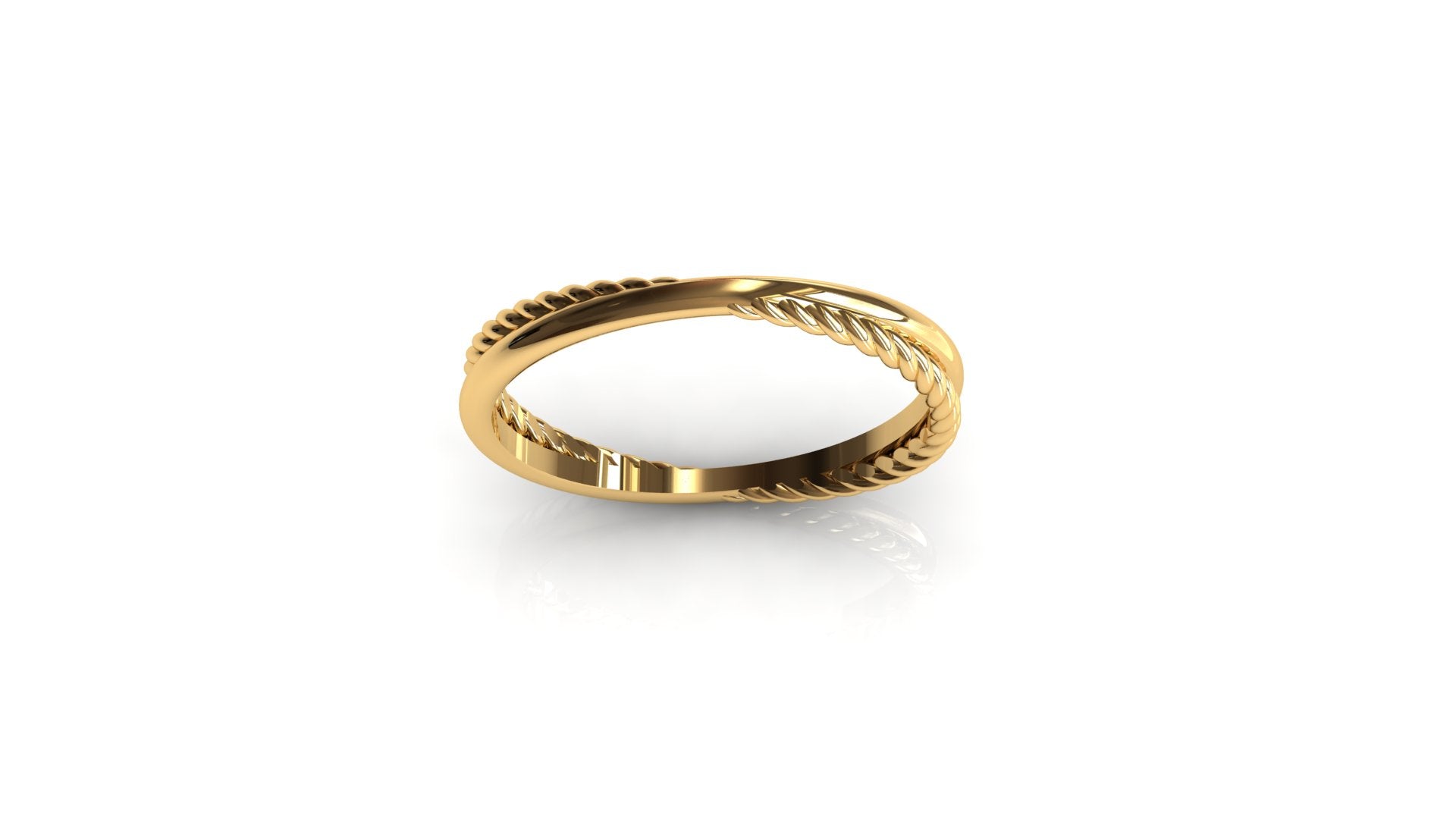 the Royal Embrace Ring, a stunning jewelry piece featuring two intricately intertwined bands - a classic gold band and a trendy rope band.