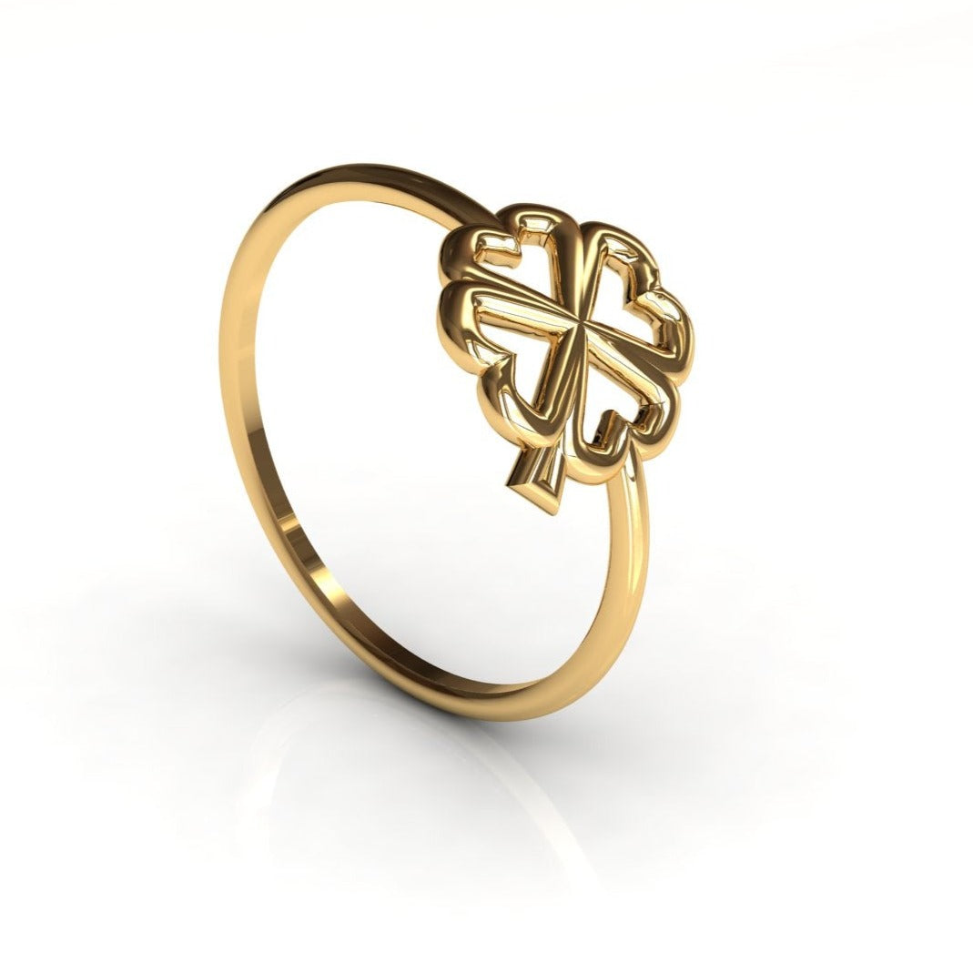 Lucky Clover gold ring worn on hand, lifestyle shot