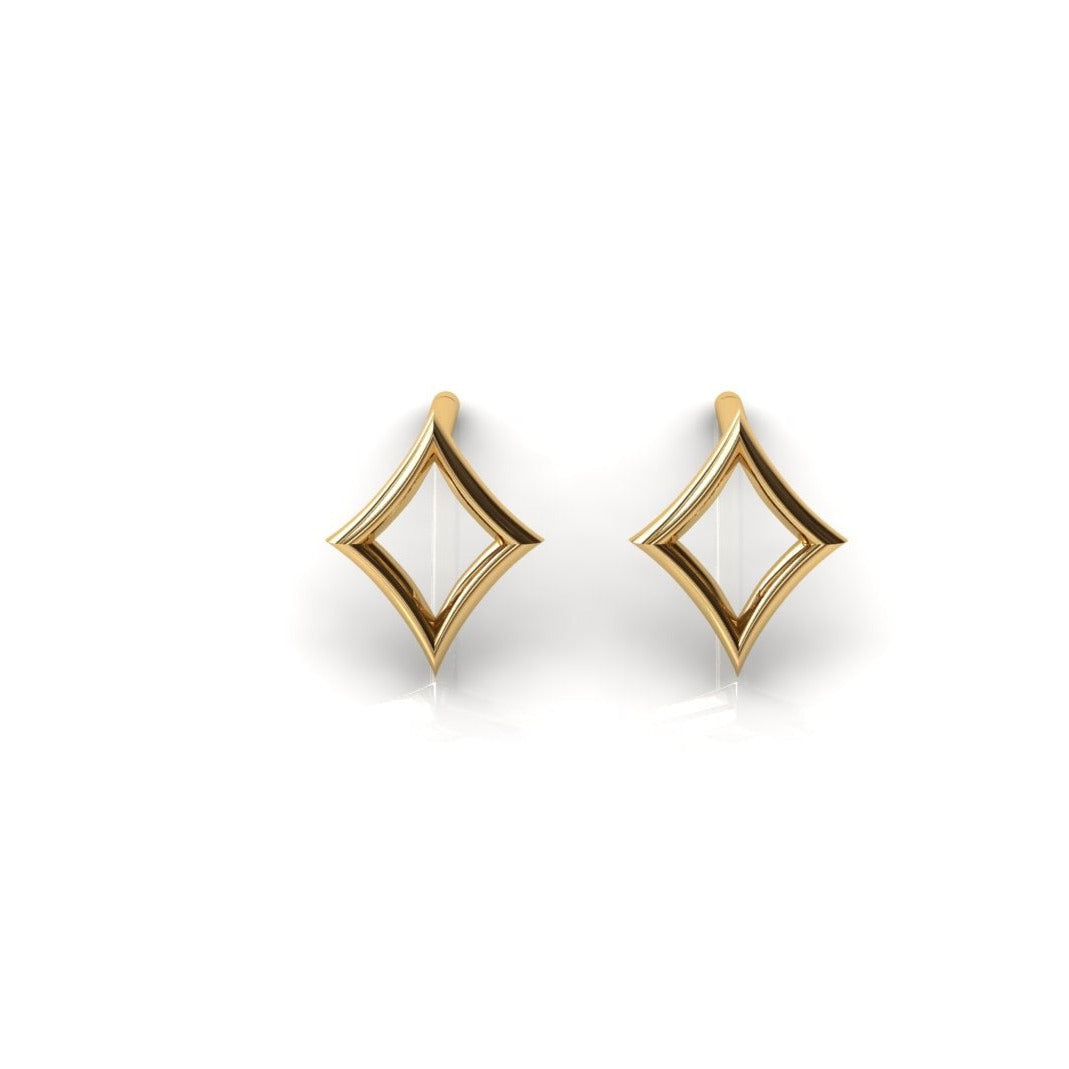 Pair of gold diamond-shape stud earrings on white background