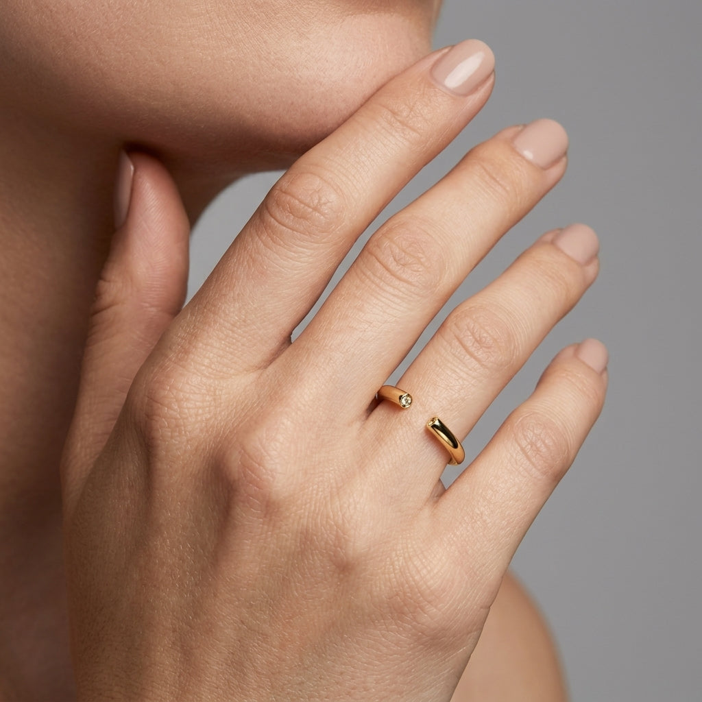 Utrecht Velvet open ring worn on hand in natural light