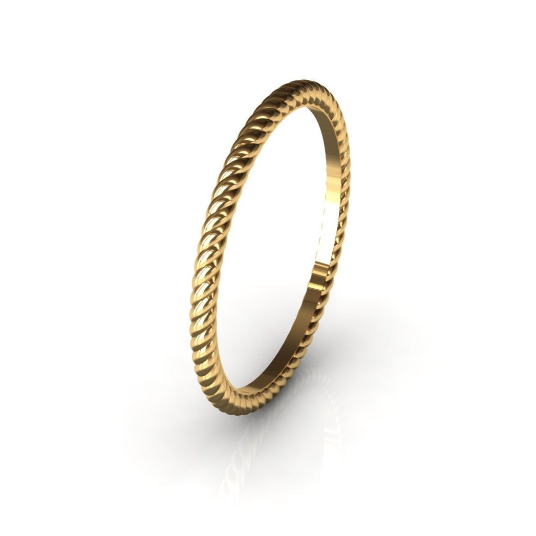 Gold rope-knot open ring, close-up front view