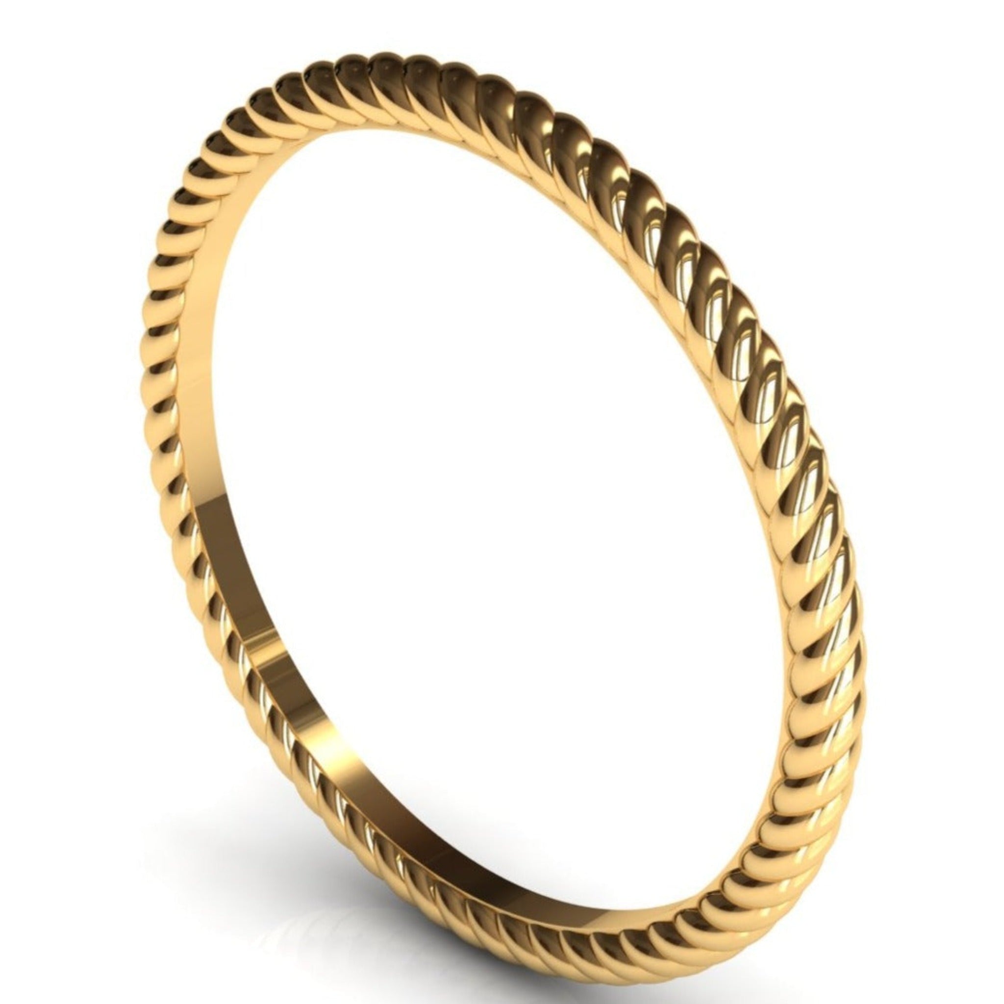 14k gold rope ring worn on hand, angled view
