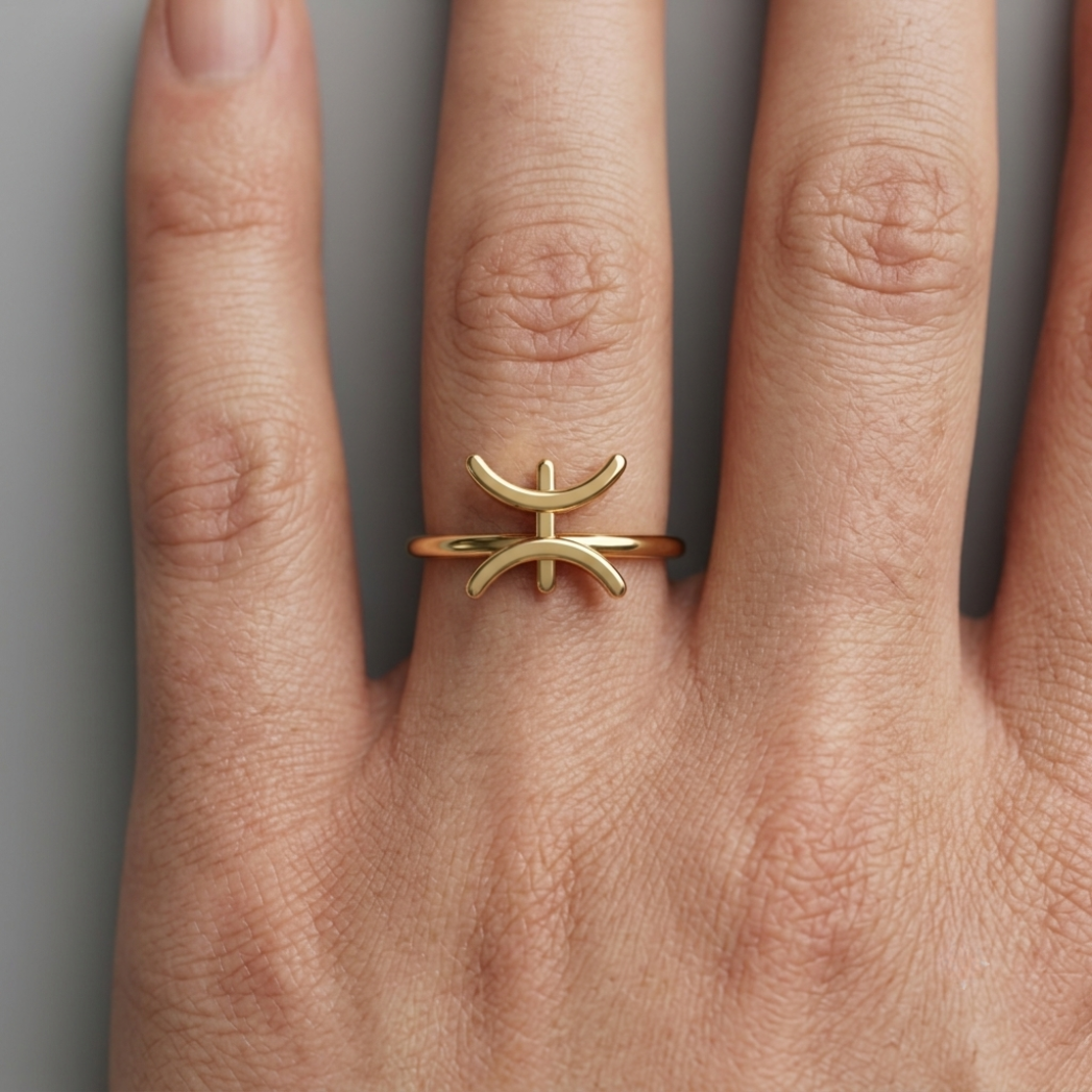 Model's hand resting on fabric wearing Pisces zodiac ring, soft daylight
