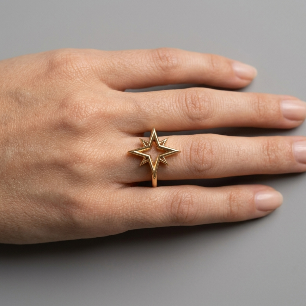 Stellar Essence gold ring styled with minimalist stacking rings

