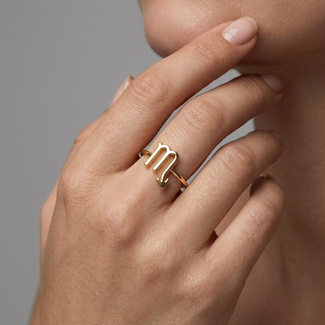 Model wearing the gold Scorpio Ring from the Starsky XII collection – minimalist gold zodiac Scorpio ring