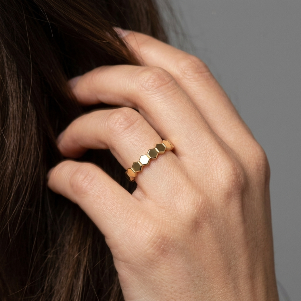 Maya gold hexagon ring, model lifestyle shot front view