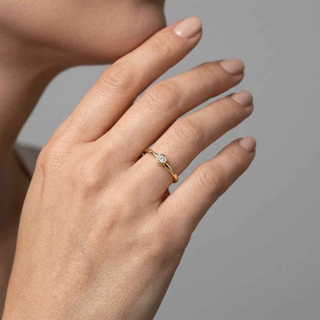14k gold solitaire diamond ring, stacking model hand shot 