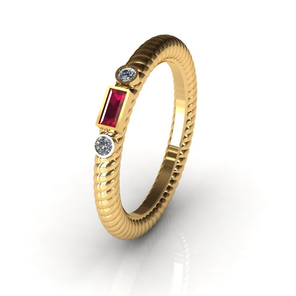 VAMPA Ruby Rope Ring in 14k gold with ruby baguette and diamond accents - front view